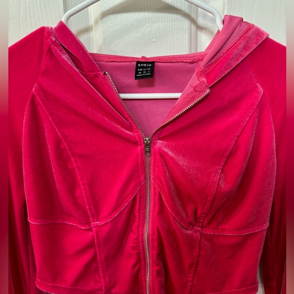 SHEIN EZwear Y2k Hot Pink Velvet Tracksuit Zip-up Hoodie & Pants Womens Size XS - Picture 6 of 14